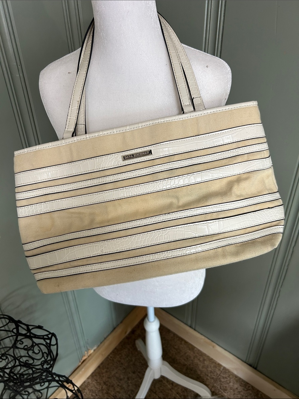 Dana Buchman Beige and Ivory Striped Tote